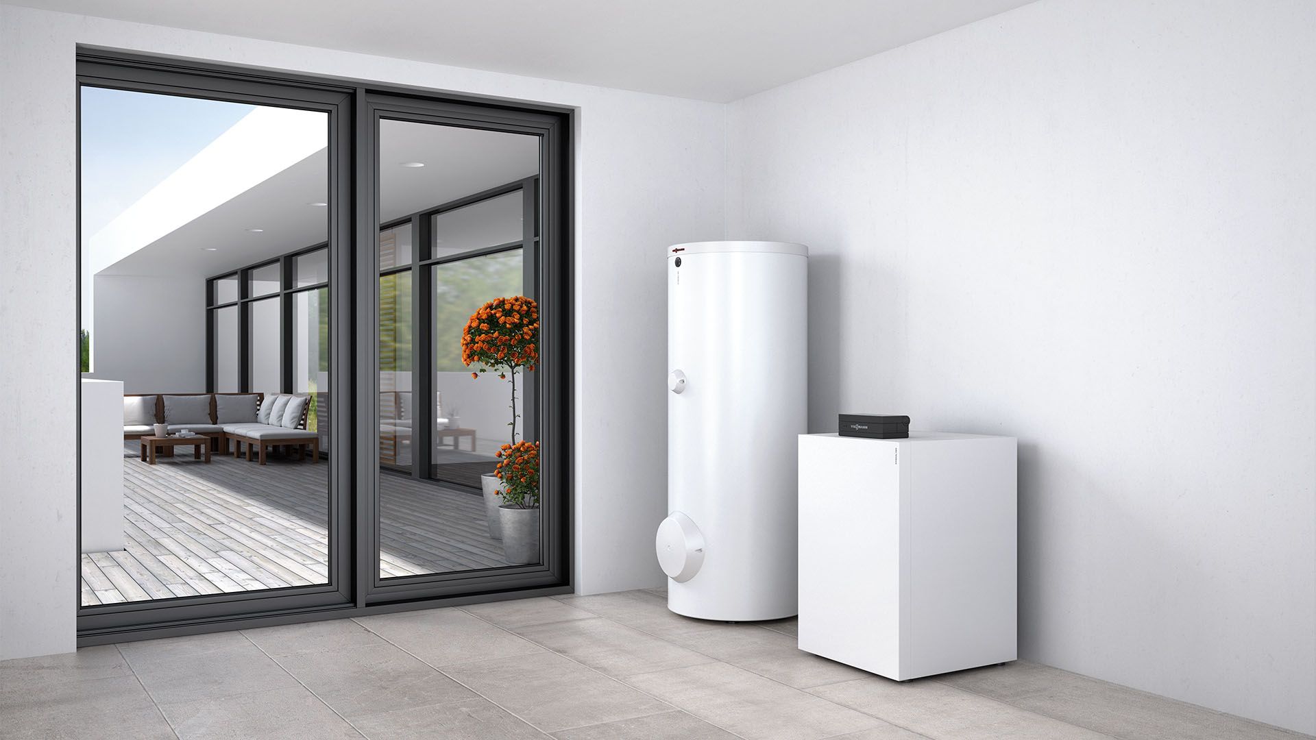 Viessmann Vitocal 300-G mit Warmwasserspeicher in einem Technikraum
